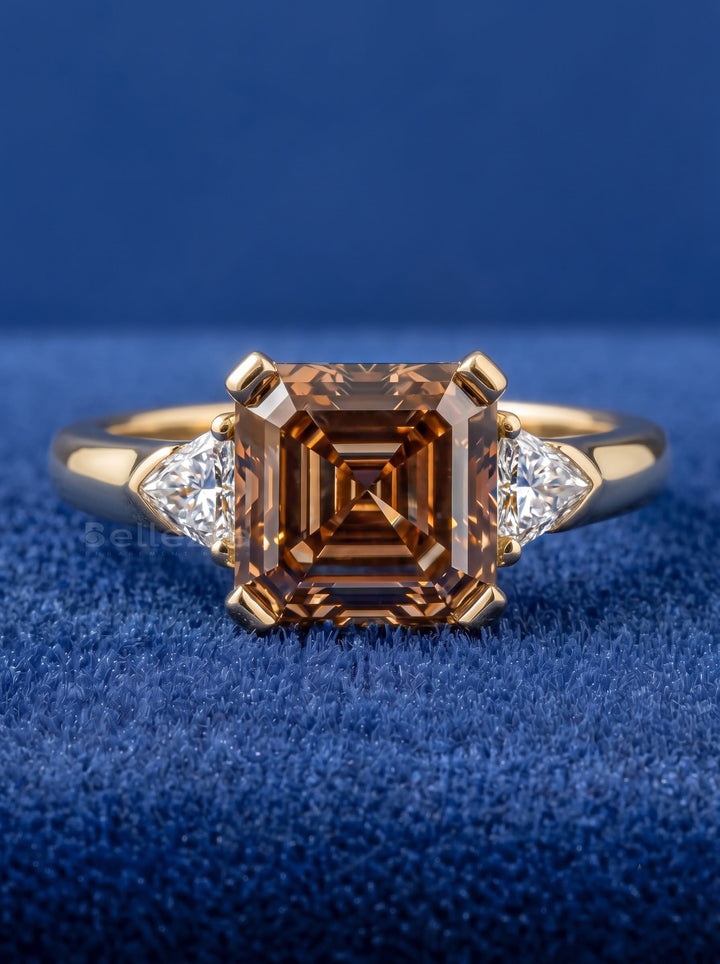 3.0CT Champagne Asscher Diamond Three Stone Setting Lab Grown Ring