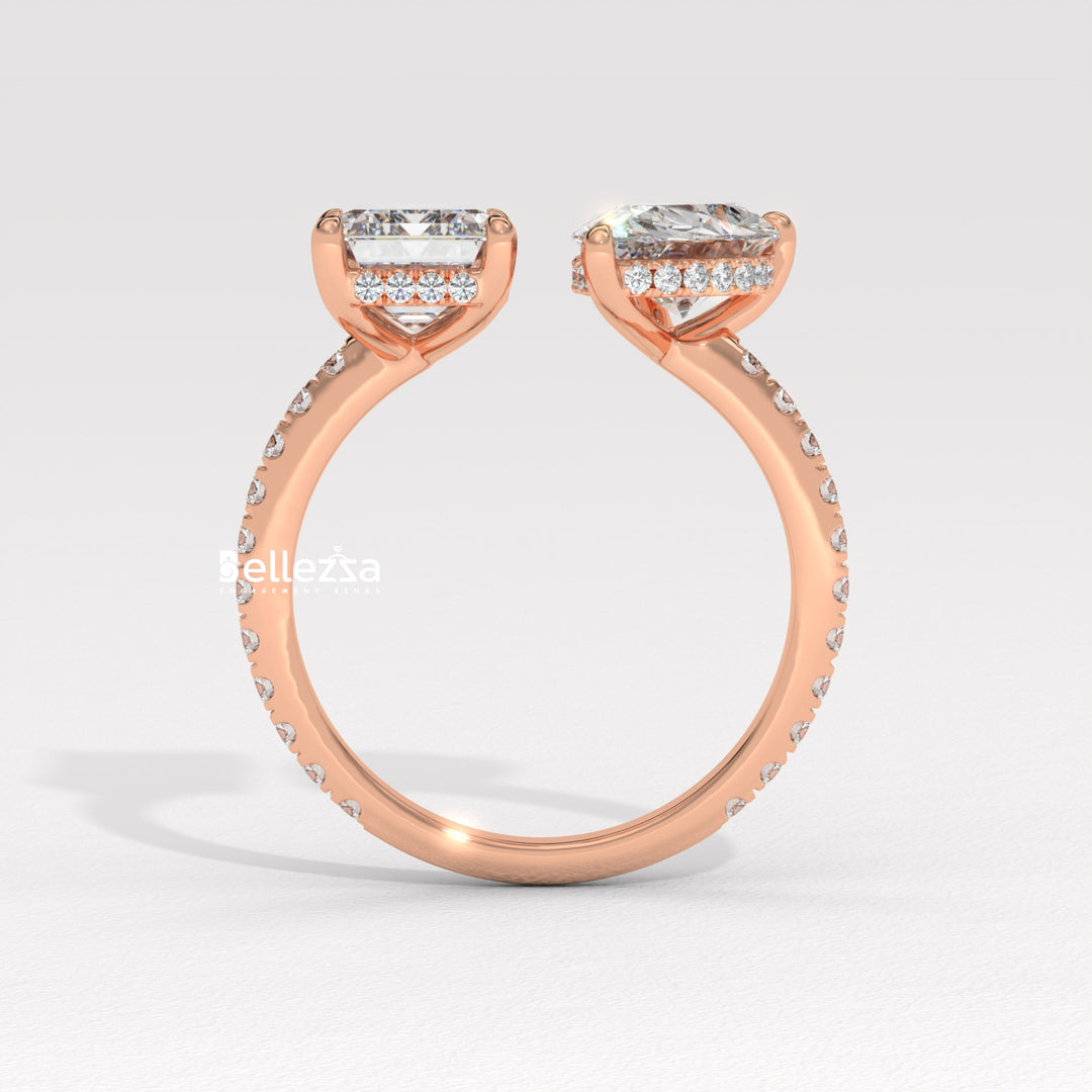 1.0CT Pear & Emerald Cut Hidden Halo Open Style Two Stone Lab Grown Ring