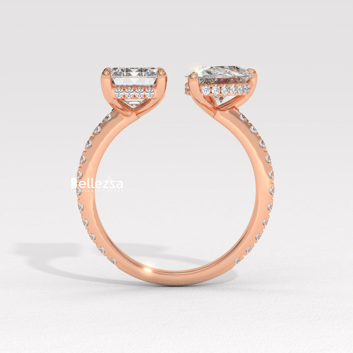 1.0CT Pear & Emerald Cut Hidden Halo Open Style Two Stone Lab Grown Ring