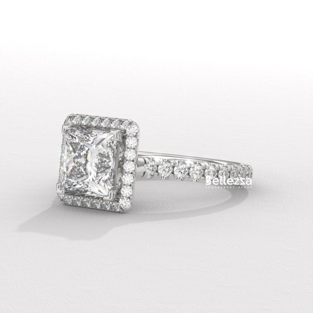 1.0-2.0CT Princess Cut Diamond Halo Pave Setting Lab Grown Engagement Ring