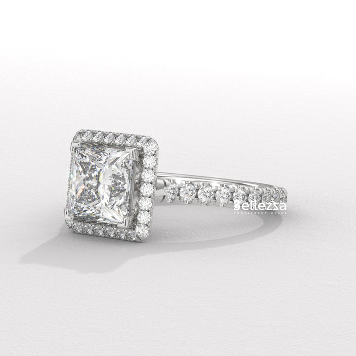 1.0-2.0CT Princess Cut Diamond Halo Pave Setting Lab Grown Engagement Ring