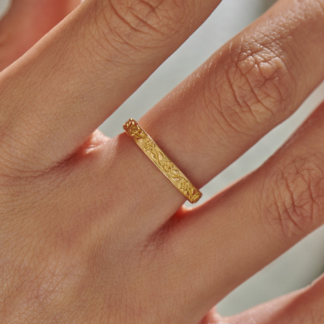 14K Solid Gold Rose Design Engraved Unique Wedding Band