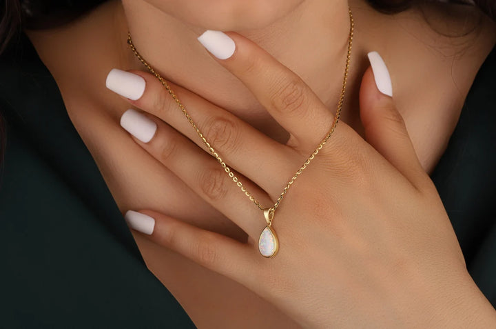 Pear Cut Solitaire Opal Gemstone Necklace -October Birthstone