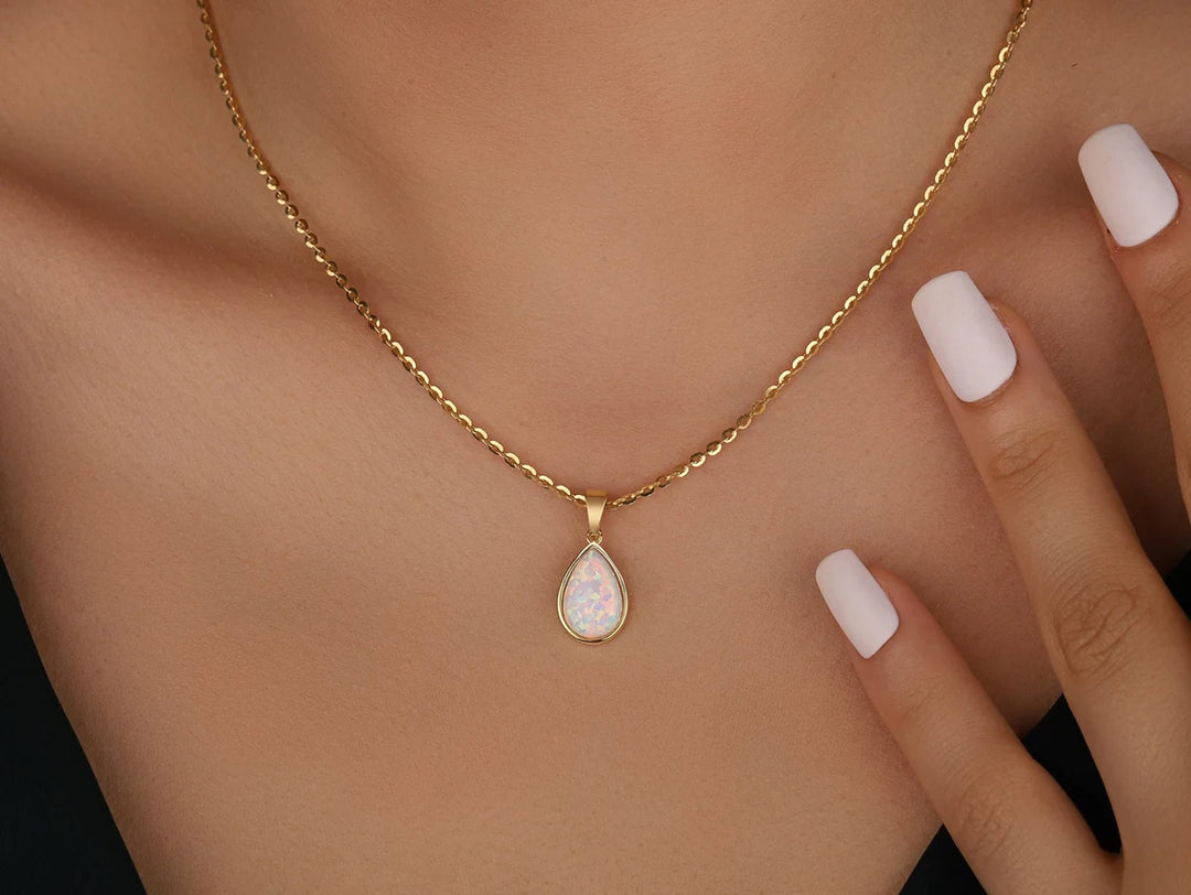 Pear Cut Solitaire Opal Gemstone Necklace -October Birthstone