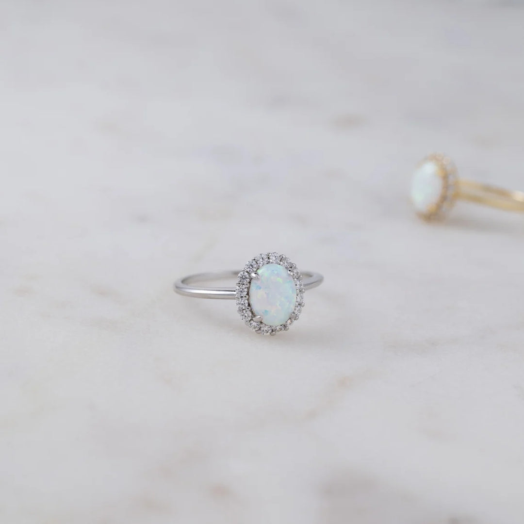 Oval Cut Opal Gemstone Halo Engagement Ring -October Birthstone