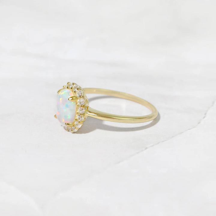Oval Cut Opal Gemstone Halo Engagement Ring -October Birthstone
