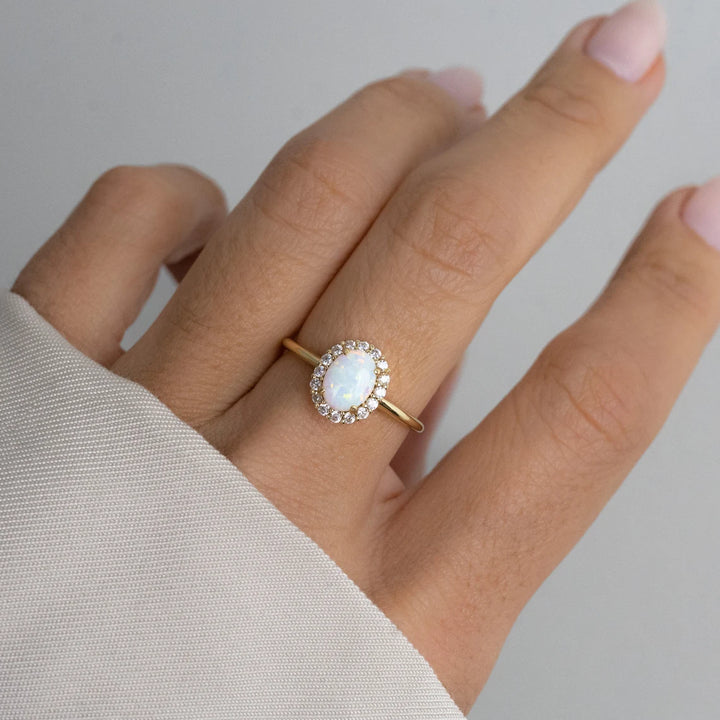 Oval Cut Opal Gemstone Halo Engagement Ring -October Birthstone