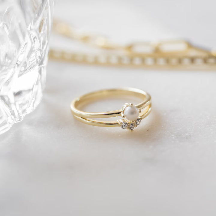 Minimalist Cluster Pearl Split Shank Engagement Ring -June Birthstone