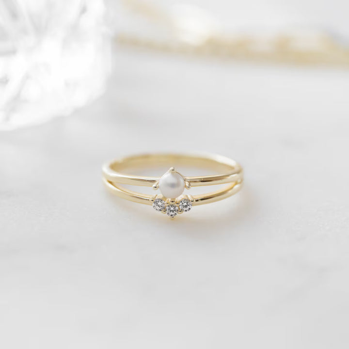 Minimalist Cluster Pearl Split Shank Engagement Ring -June Birthstone