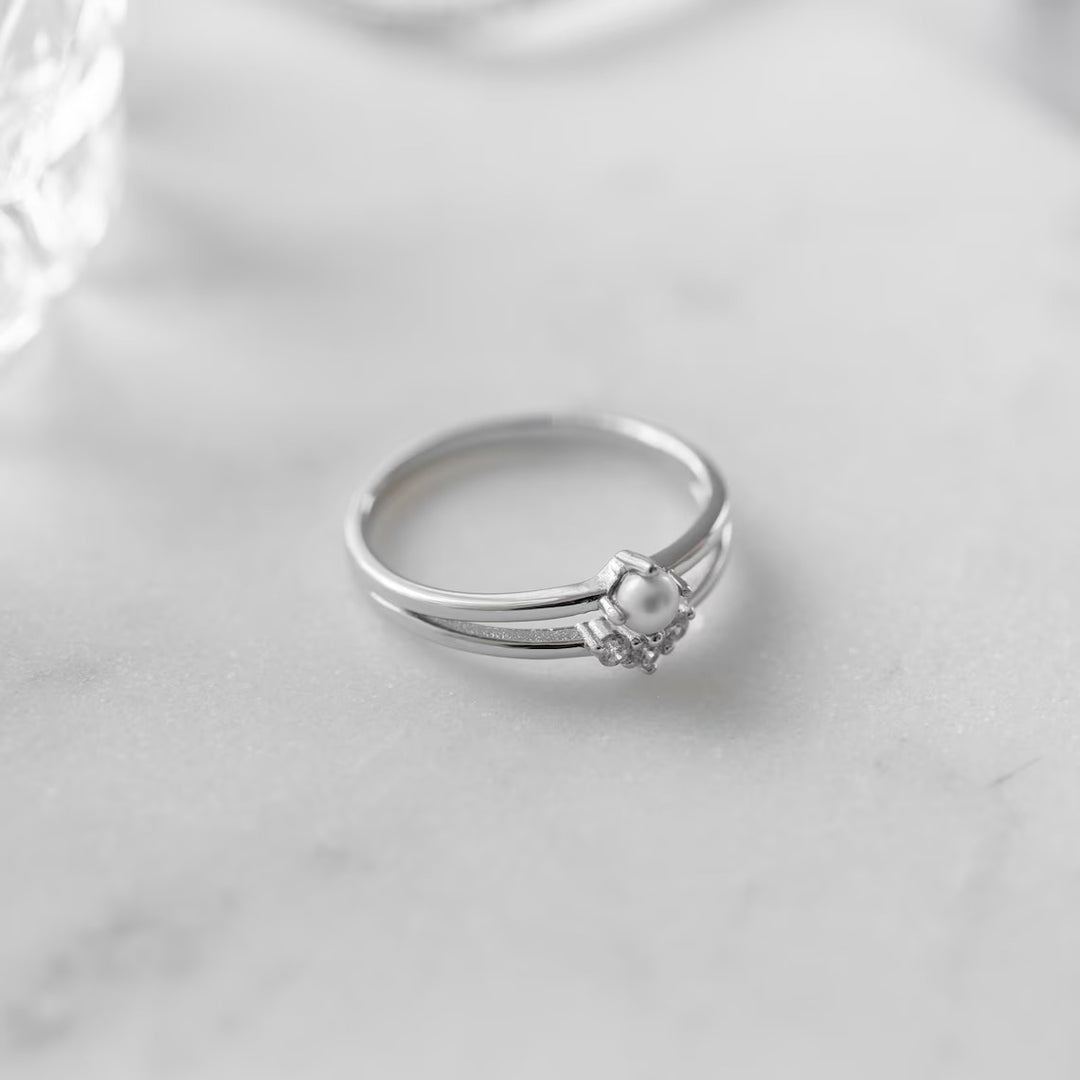 Minimalist Cluster Pearl Split Shank Engagement Ring -June Birthstone