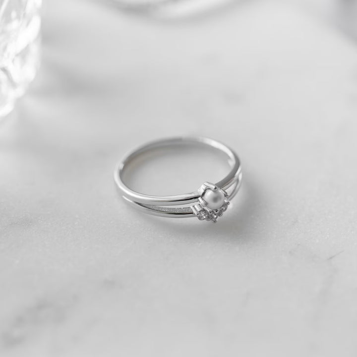 Minimalist Cluster Pearl Split Shank Engagement Ring -June Birthstone