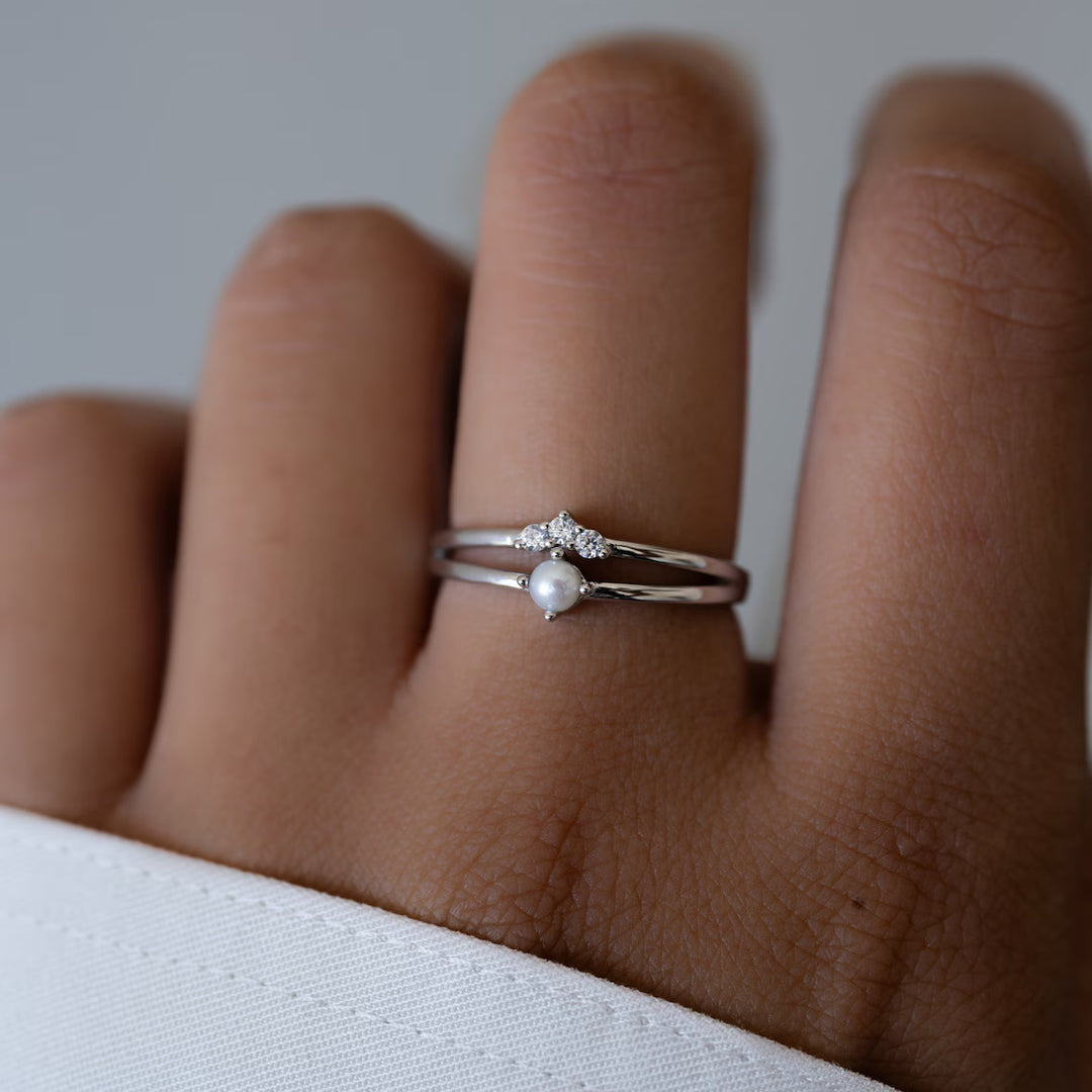 Minimalist Cluster Pearl Split Shank Engagement Ring -June Birthstone