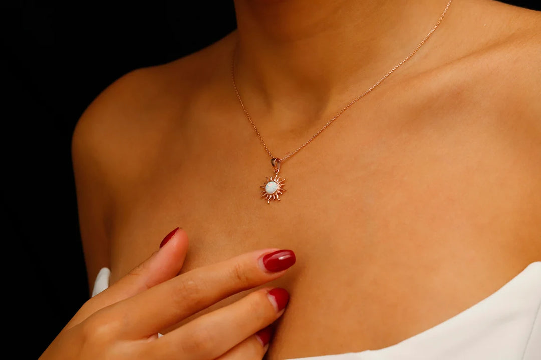 Round Cut Sun Shape Opal Gemstone Necklace -October Birthstone