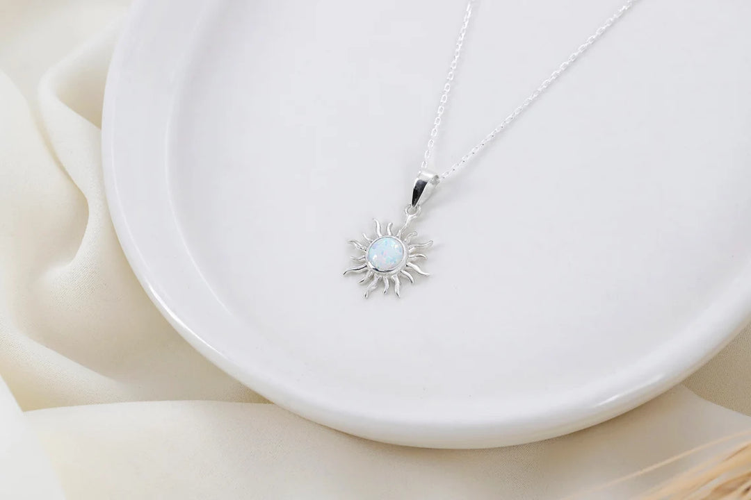 Round Cut Sun Shape Opal Gemstone Necklace -October Birthstone