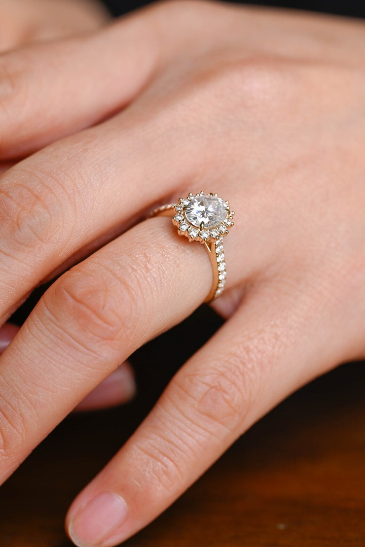 1.50CT Oval Cut Halo Pave Setting Moissanite Engagement Ring