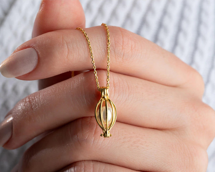 Dainty Gold Pearl Cage Necklace -June Birthstone Necklace