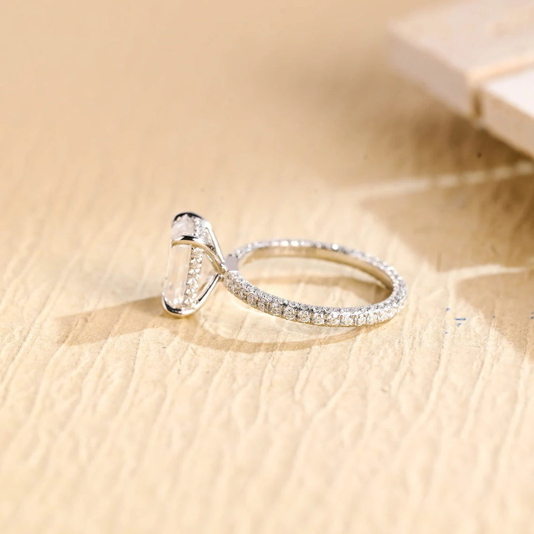1.50 CT Emerald Cut Hidden Halo Moissanite Engagement Ring