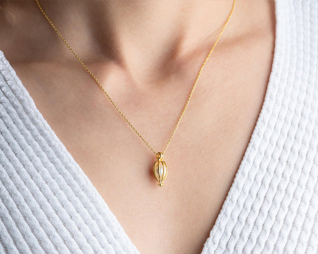 Dainty Gold Pearl Cage Necklace -June Birthstone Necklace