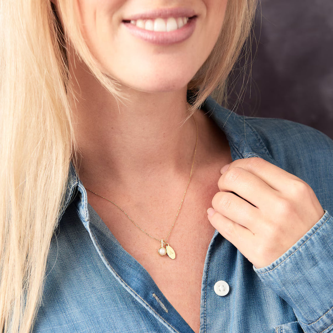 Customized Pearl Birthstone Necklace With Real Diamonds & Gold Initial Charm