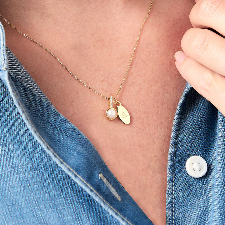 Customized Pearl Birthstone Necklace With Real Diamonds & Gold Initial Charm