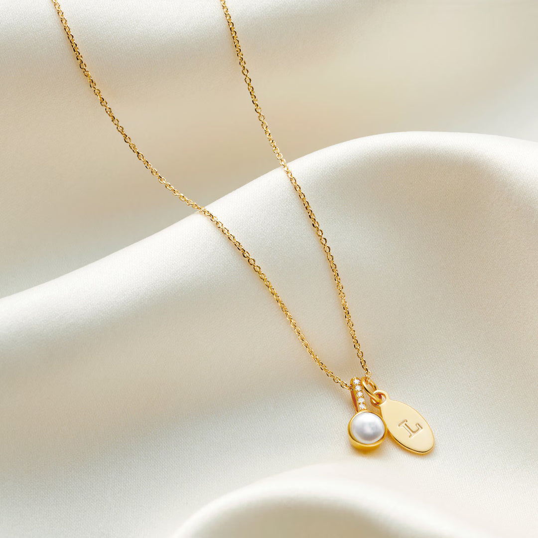 Customized Pearl Birthstone Necklace With Real Diamonds & Gold Initial Charm