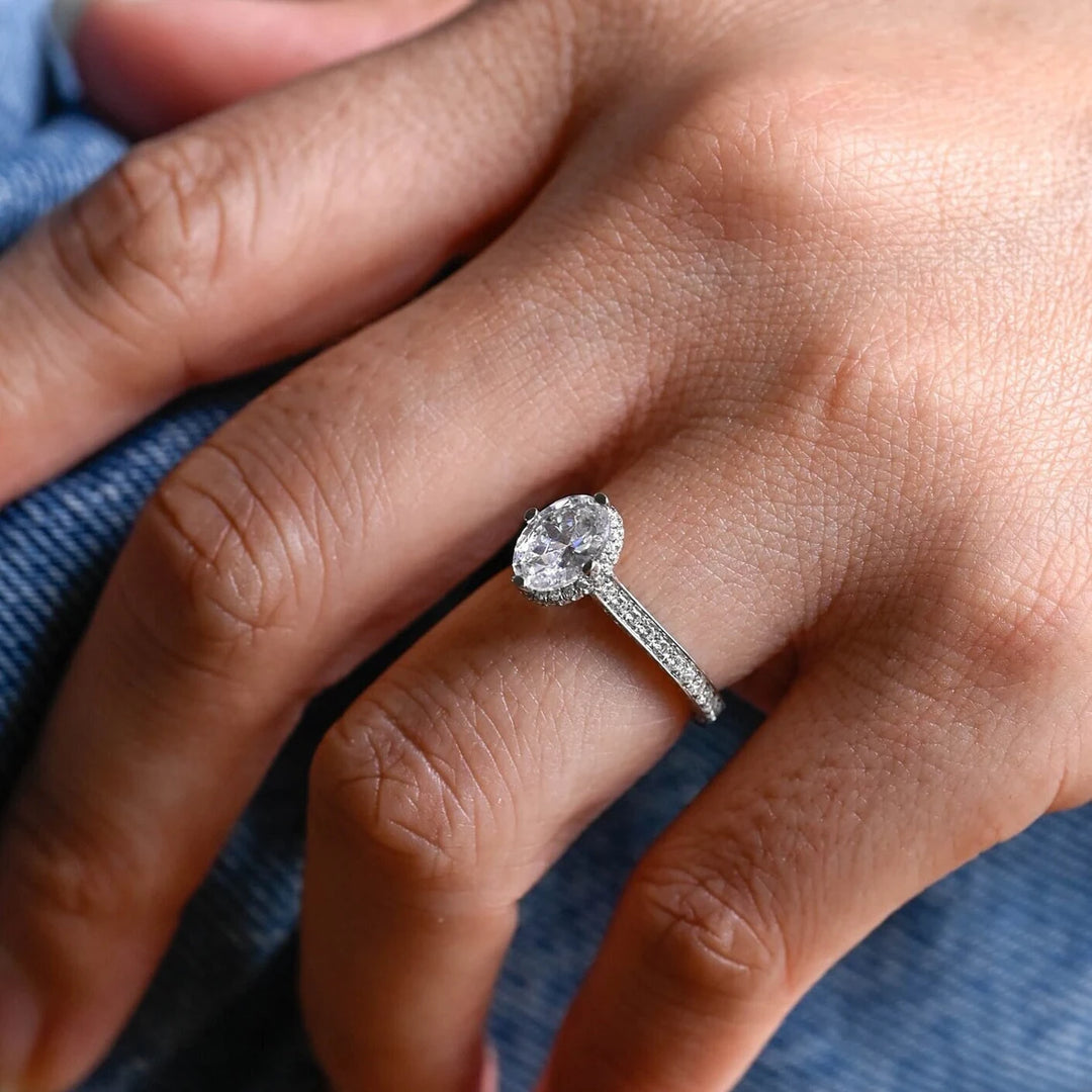 1.0 CT Oval Cut Three Side Pave Setting Moissanite Engagement Ring