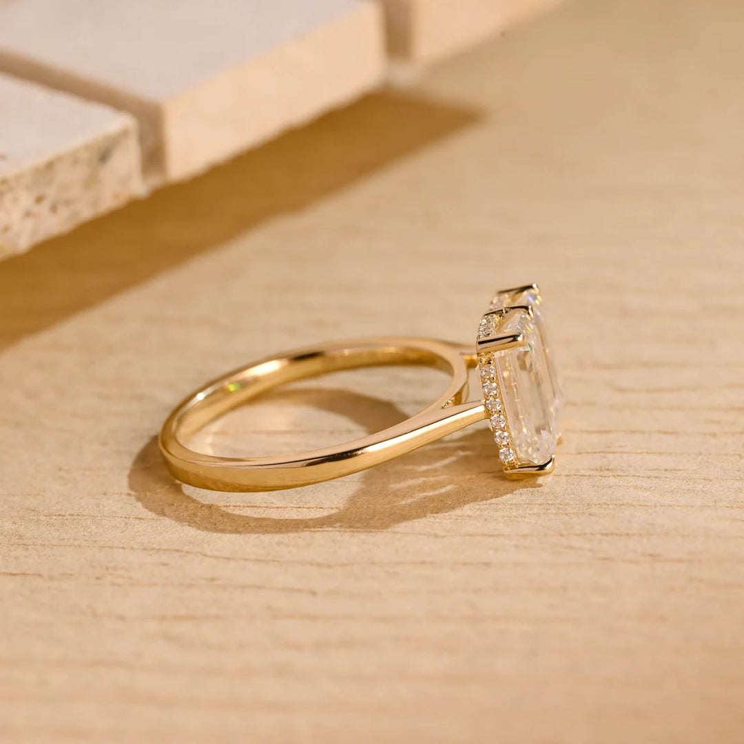1.50 CT Elongated Emerald Cut Two Stone Hidden Halo Moissanite Engagement Ring