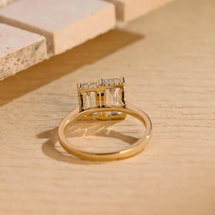 1.50 CT Elongated Emerald Cut Two Stone Hidden Halo Moissanite Engagement Ring