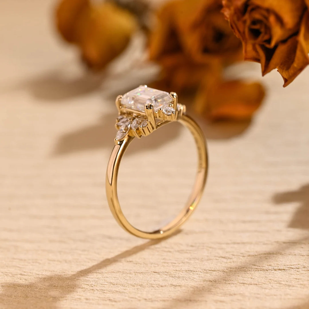 1.0 CT Emerald Cut Cluster Diamond Moissanite Engagement Ring