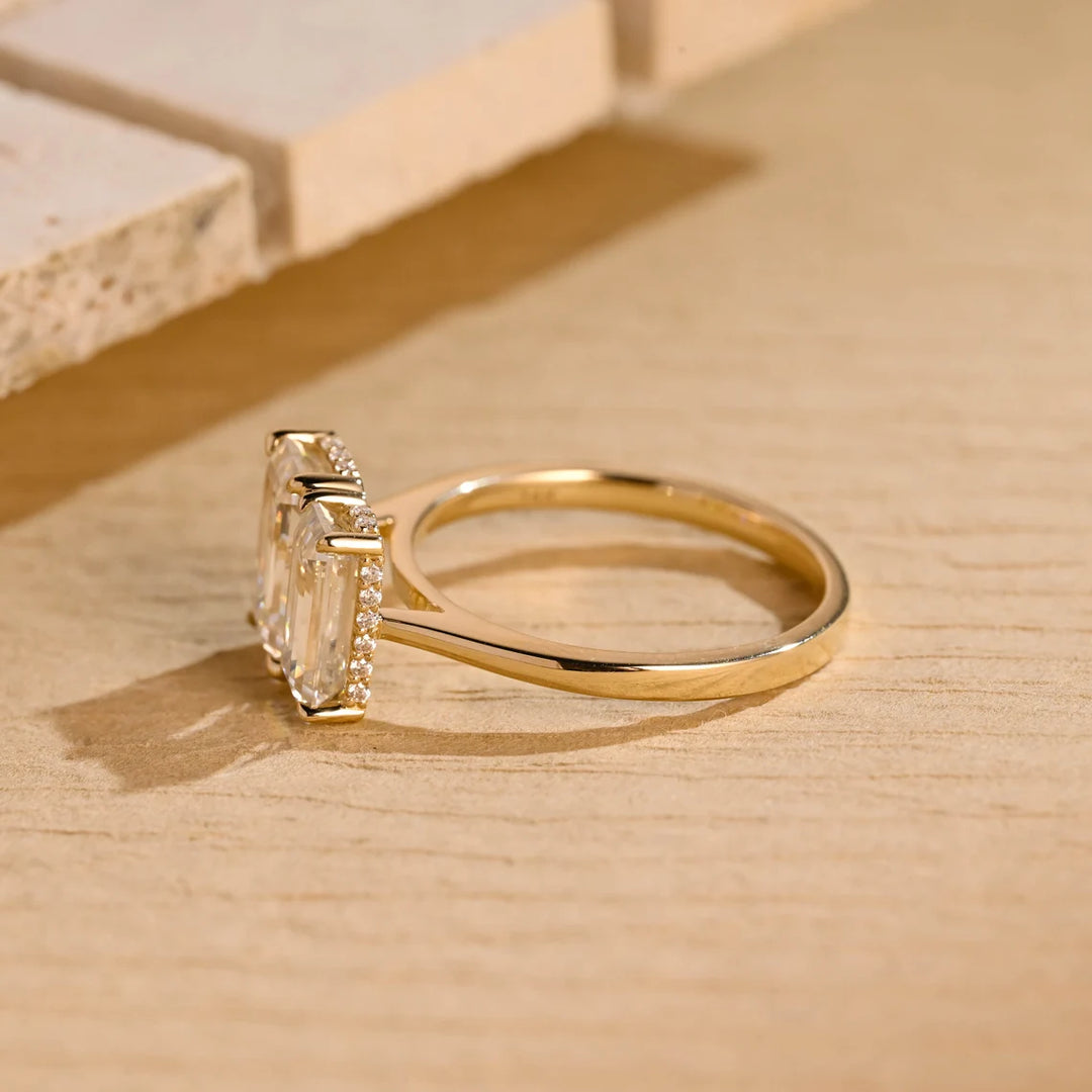 1.50 CT Elongated Emerald Cut Two Stone Hidden Halo Moissanite Engagement Ring