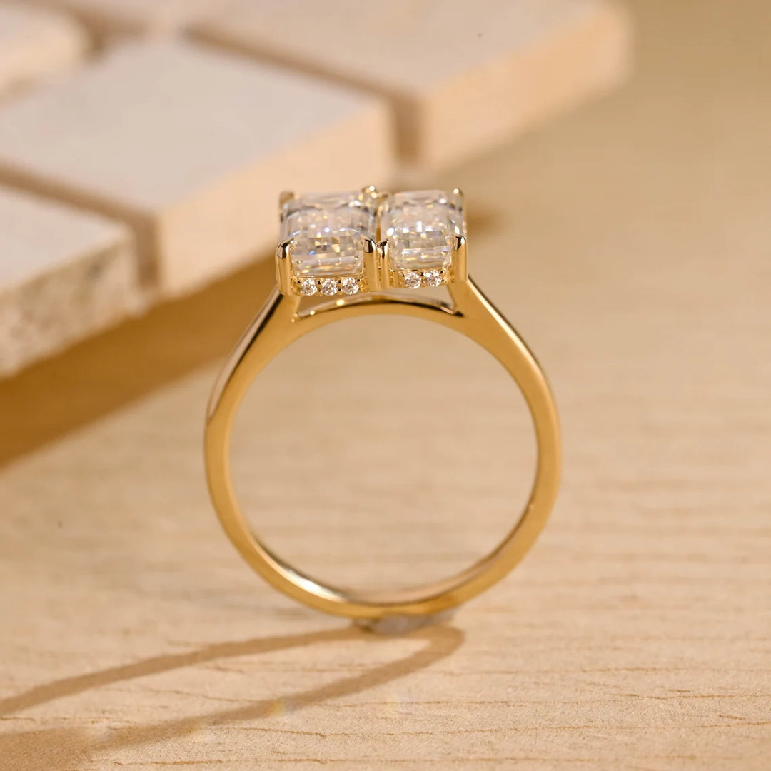 1.50 CT Elongated Emerald Cut Two Stone Hidden Halo Moissanite Engagement Ring
