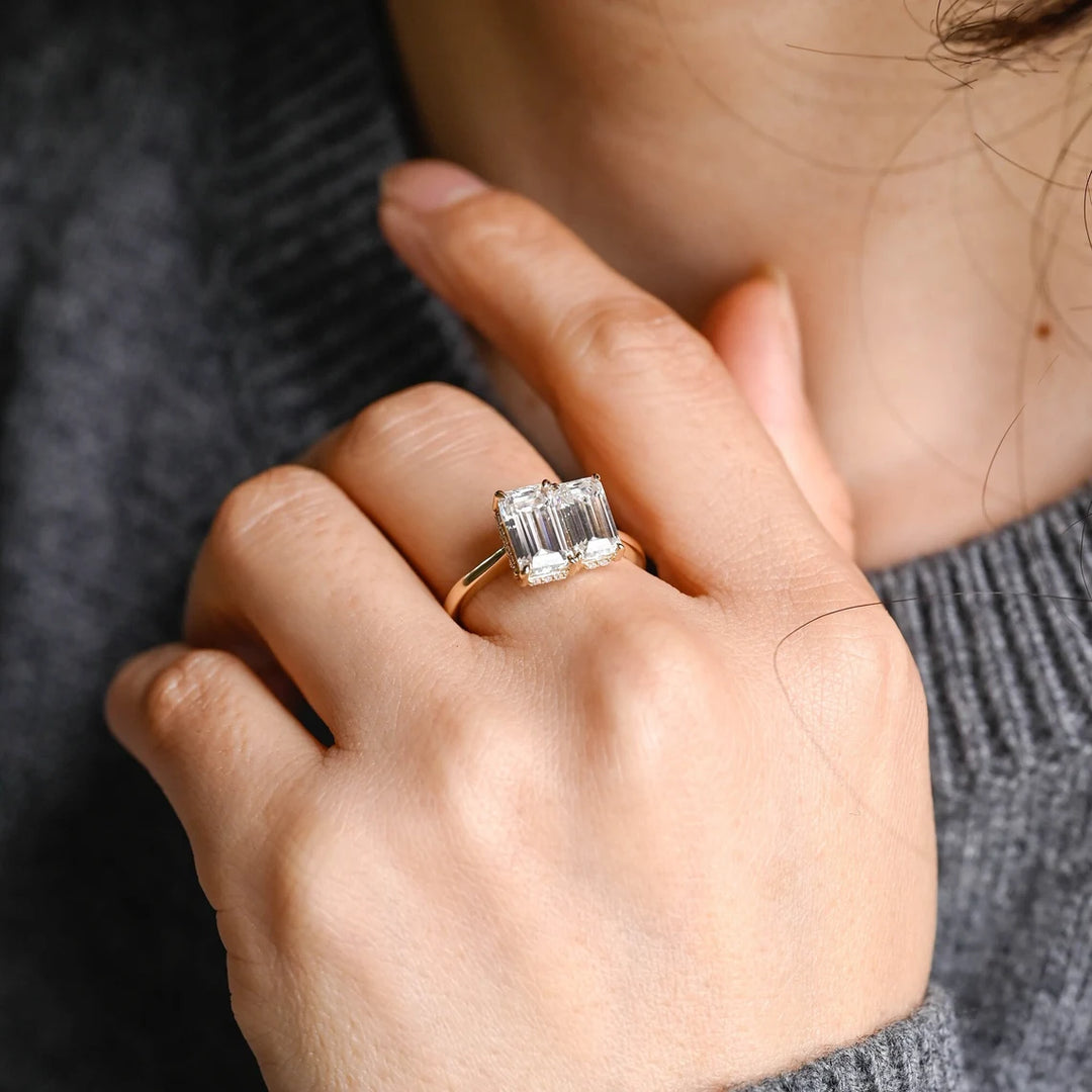 1.50 CT Elongated Emerald Cut Two Stone Hidden Halo Moissanite Engagement Ring