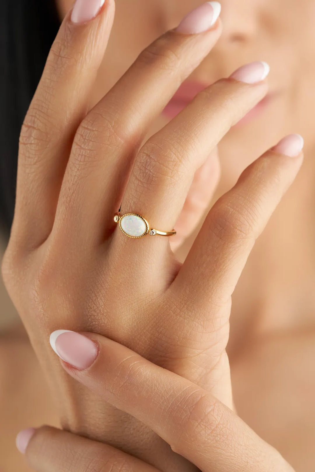 East West Oval Cut Opal Gemstone Engagement Ring -October Birthstone