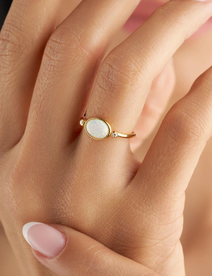 East West Oval Cut Opal Gemstone Engagement Ring -October Birthstone