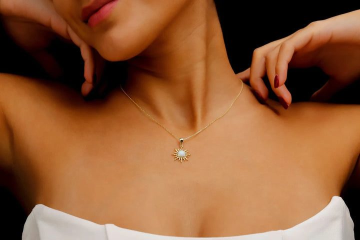 Round Cut Sun Shape Opal Gemstone Necklace -October Birthstone