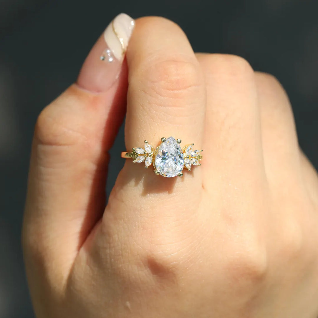 1.0 CT Pear Cut Cluster Diamond Moissanite Engagement Ring