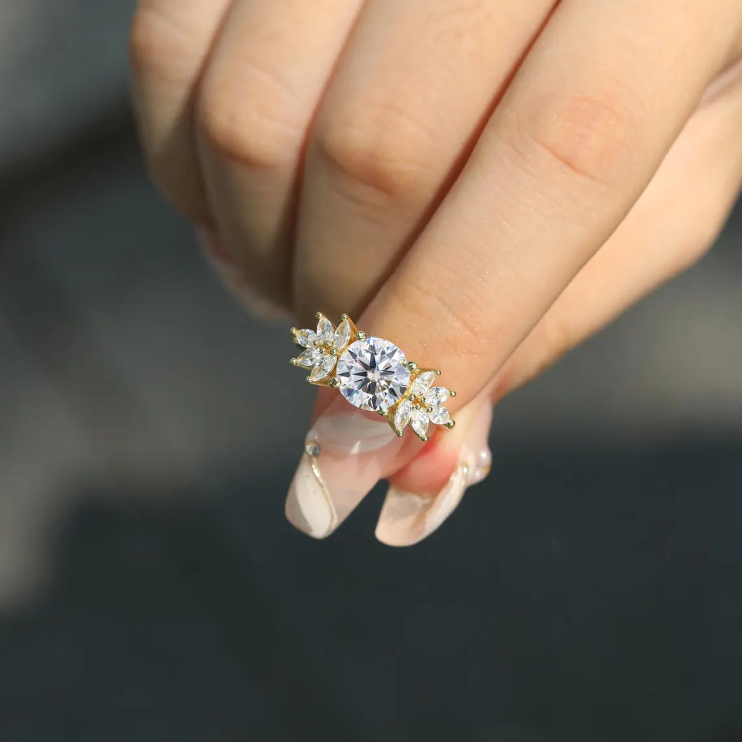 1.0 CT Round Cut Cluster Diamond Moissanite Engagement Ring