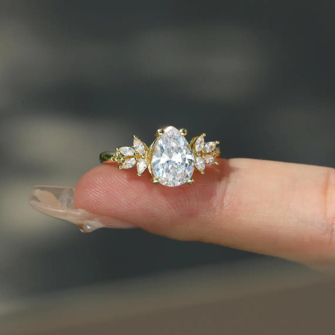 1.0 CT Pear Cut Cluster Diamond Moissanite Engagement Ring