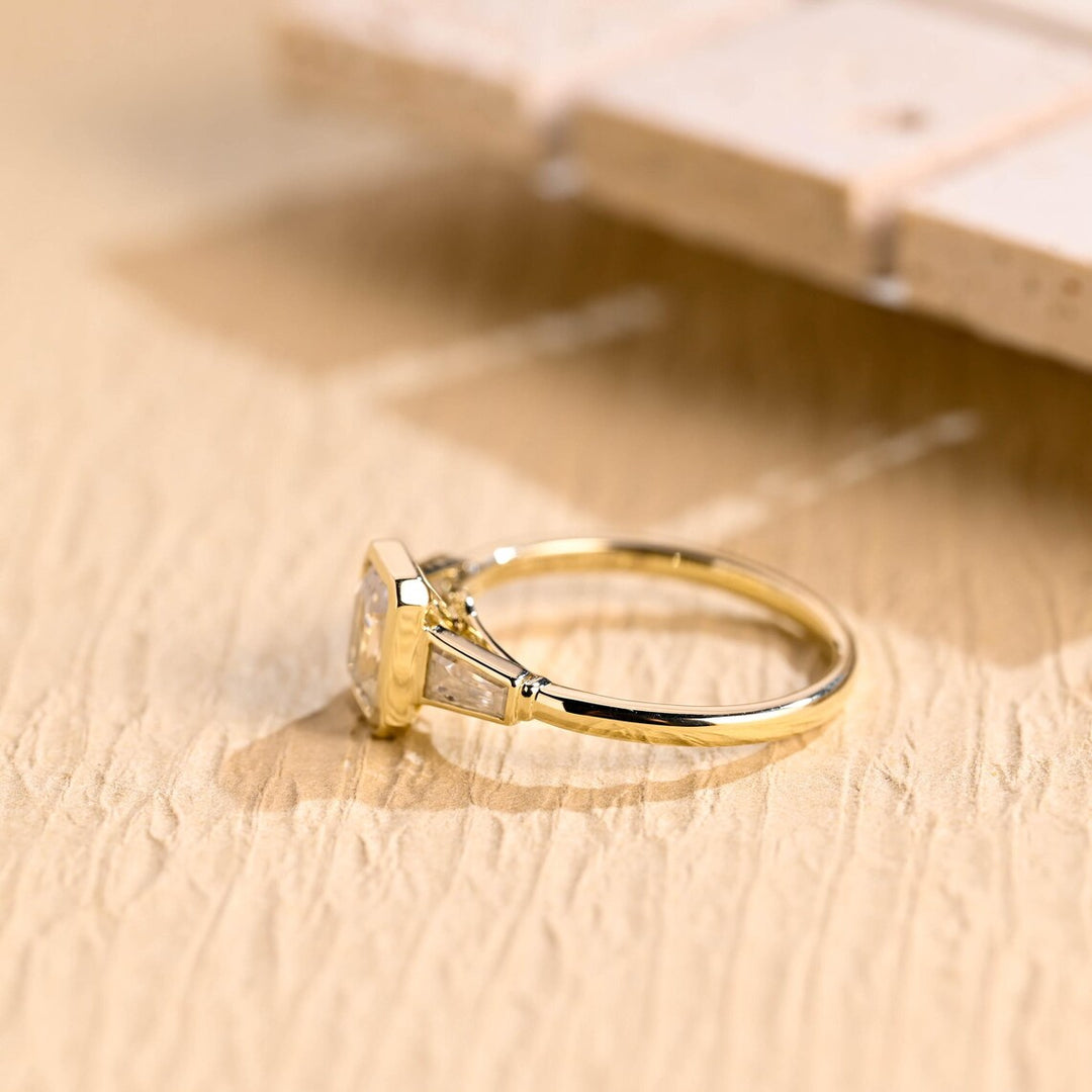 1.0 CT Emerald Cut Three Stone Bezel Setting Moissanite Engagement Ring