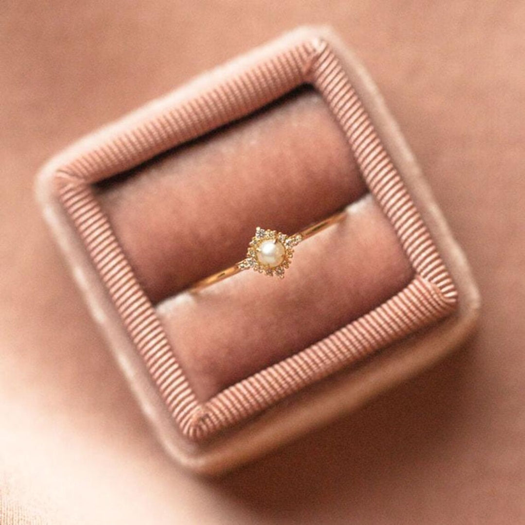 Dainty Pearl Gemstone Ring With Round Diamond -June Birthstone