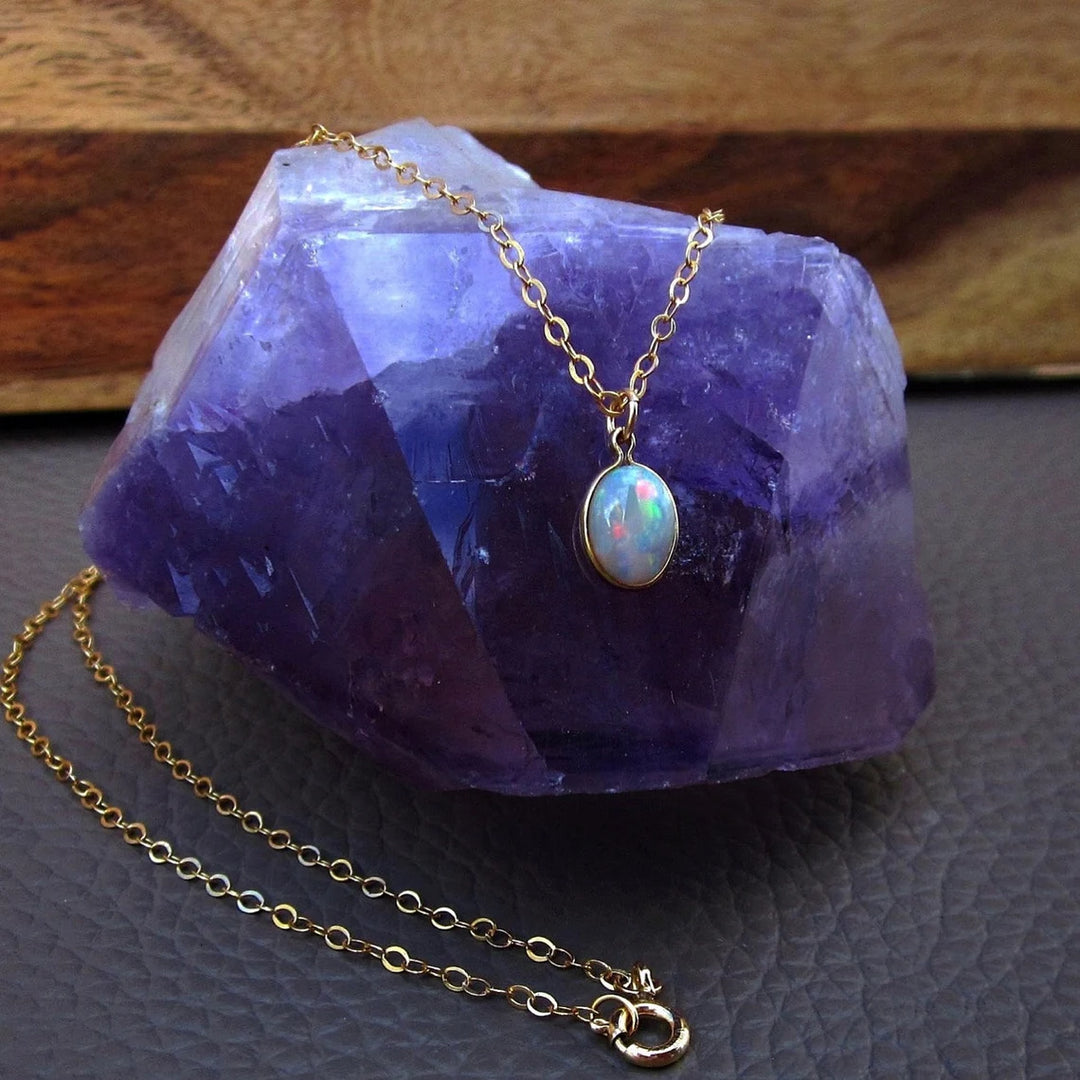 Oval Cut Solitaire Opal Gemstone Necklace -October Birthstone