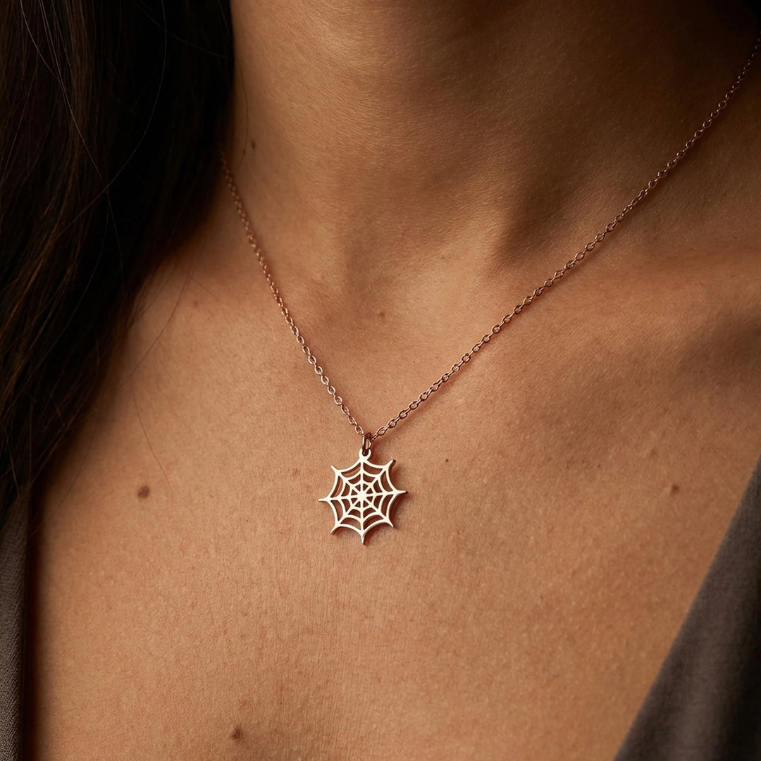 14K Spider Web Pendant Necklace for Women