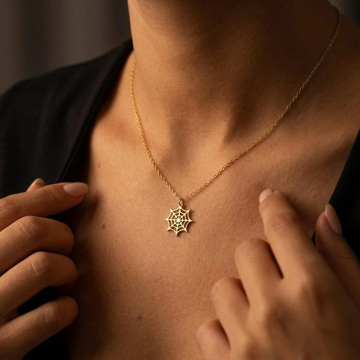 14K Spider Web Pendant Necklace for Women