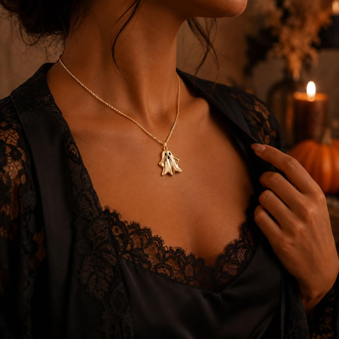 14K Dainty Spooky Ghost Pendant Necklace for Women