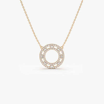 Baguette & Round Cut Diamond Circle Pendant Necklace for Her