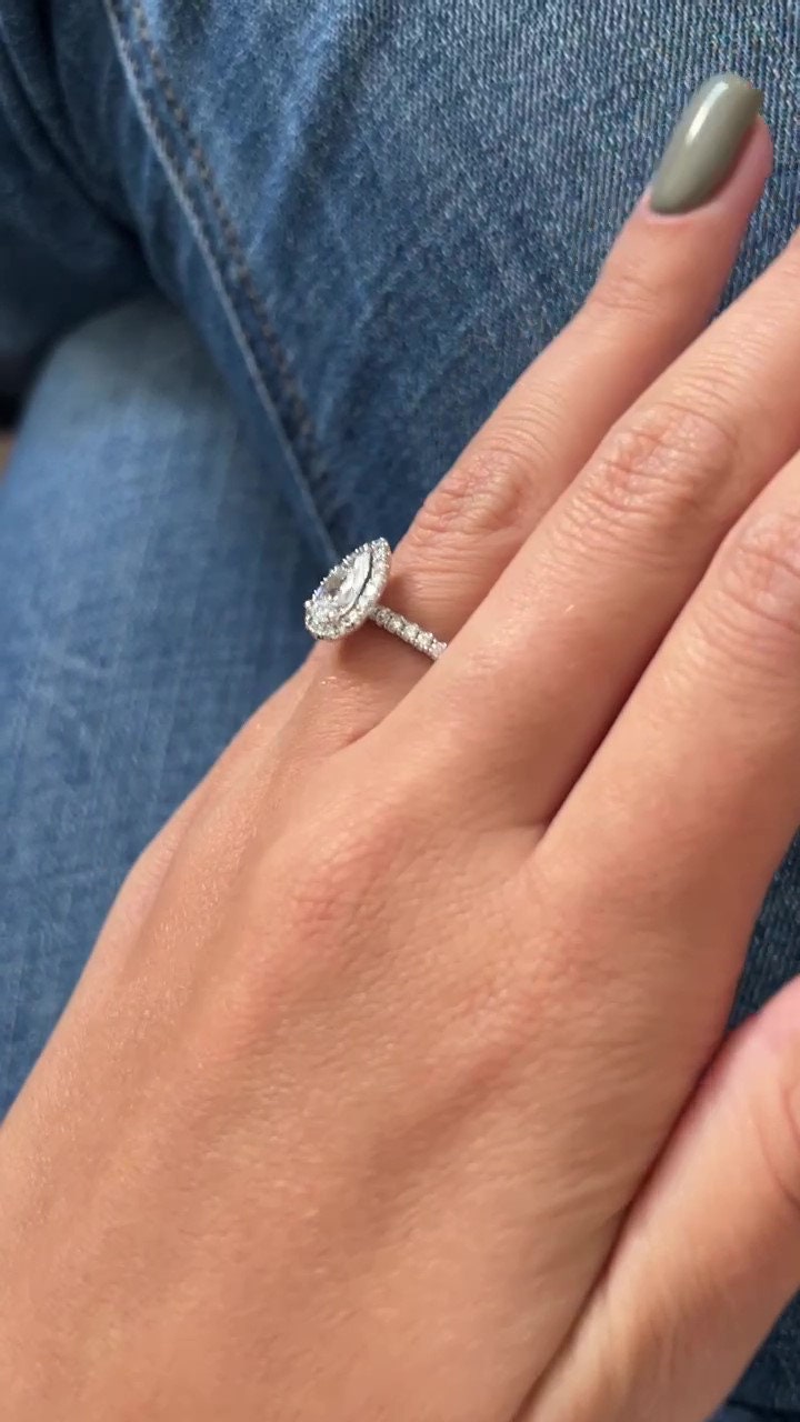1.0 CT Pear Cut Halo Pave Moissanite Engagement Ring