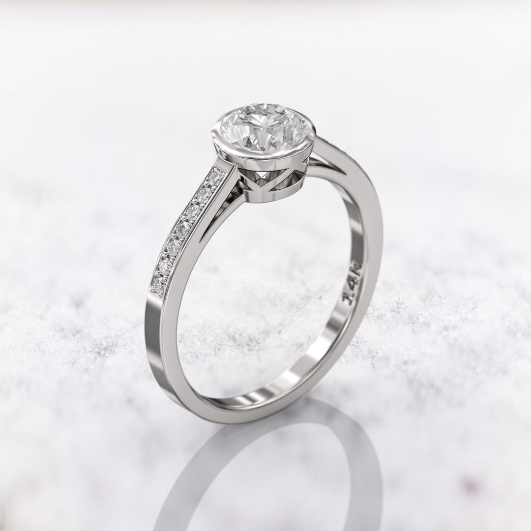 1.0 CT Round Cut Moissanite Bezel Pave Engagement Ring