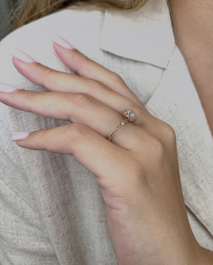 1.0 CT Round Cut Halo Moissanite Diamond Twig Engagement Ring