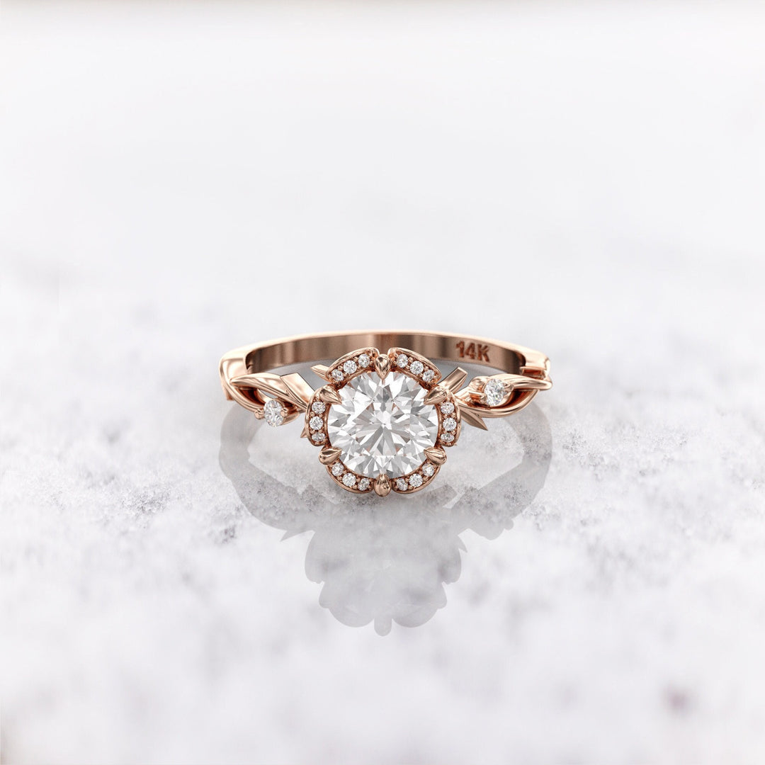 1.0 CT Round Cut Halo Moissanite Diamond Twig Engagement Ring