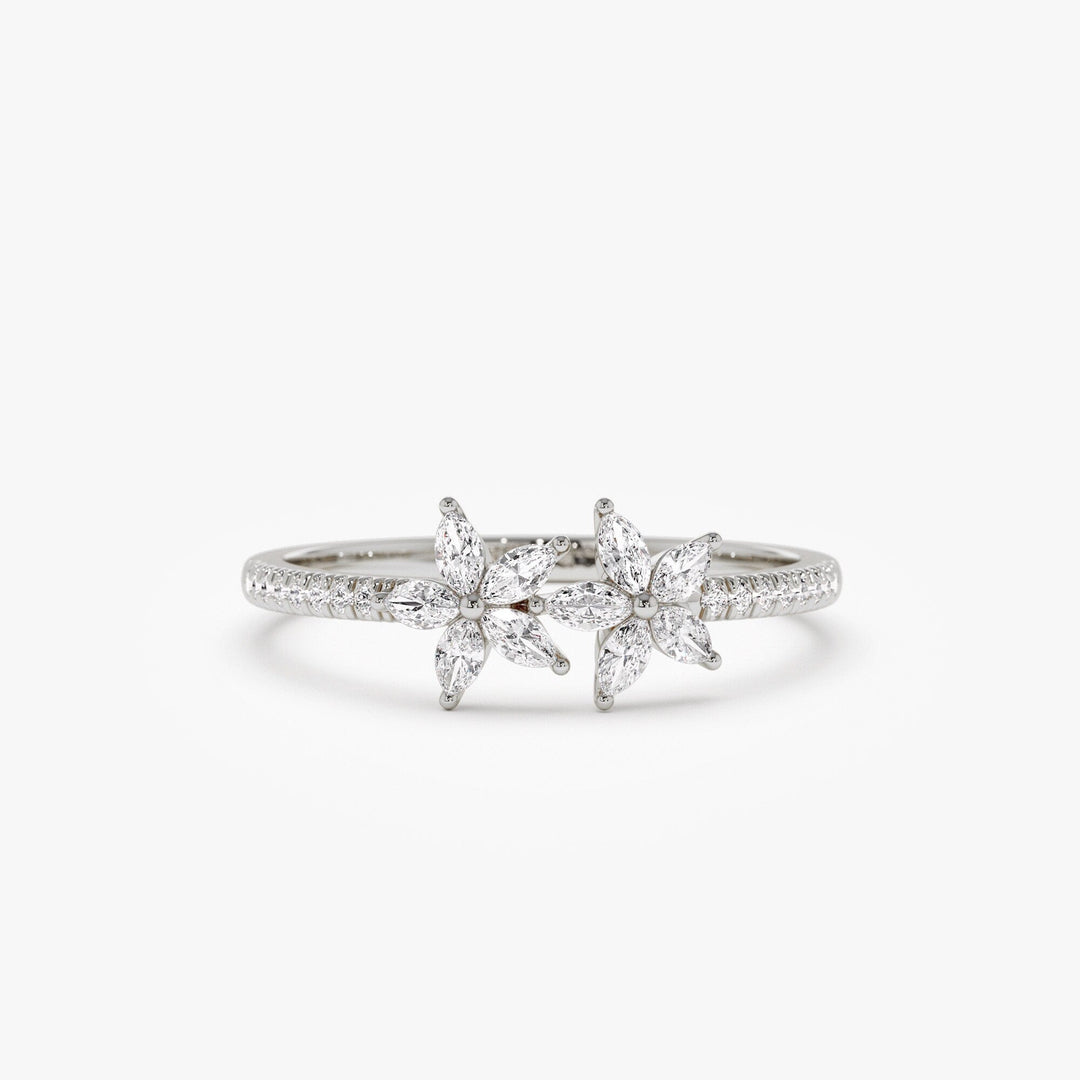Round & Marquise Cut Diamond Two Flower Wedding Ring for Her